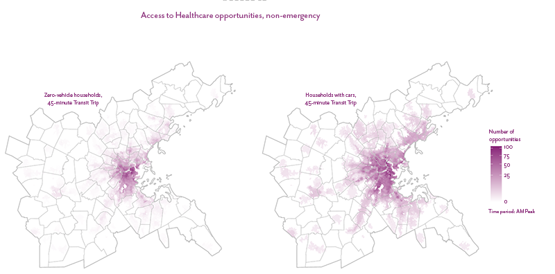 Figure 23 is a map that shows the number of non-emergency healthcare opportunities accessible within a 45-minute public transit trip for zero-vehicle households and households with a vehicle in the Boston region.